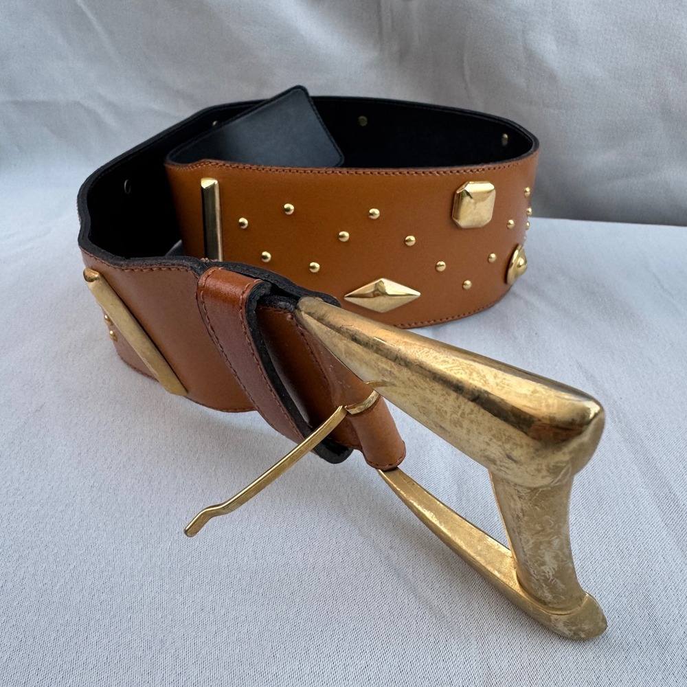 The Limited Belt Large Brown Leather Studded Gold Buckle Wide Waist Cinch Italy